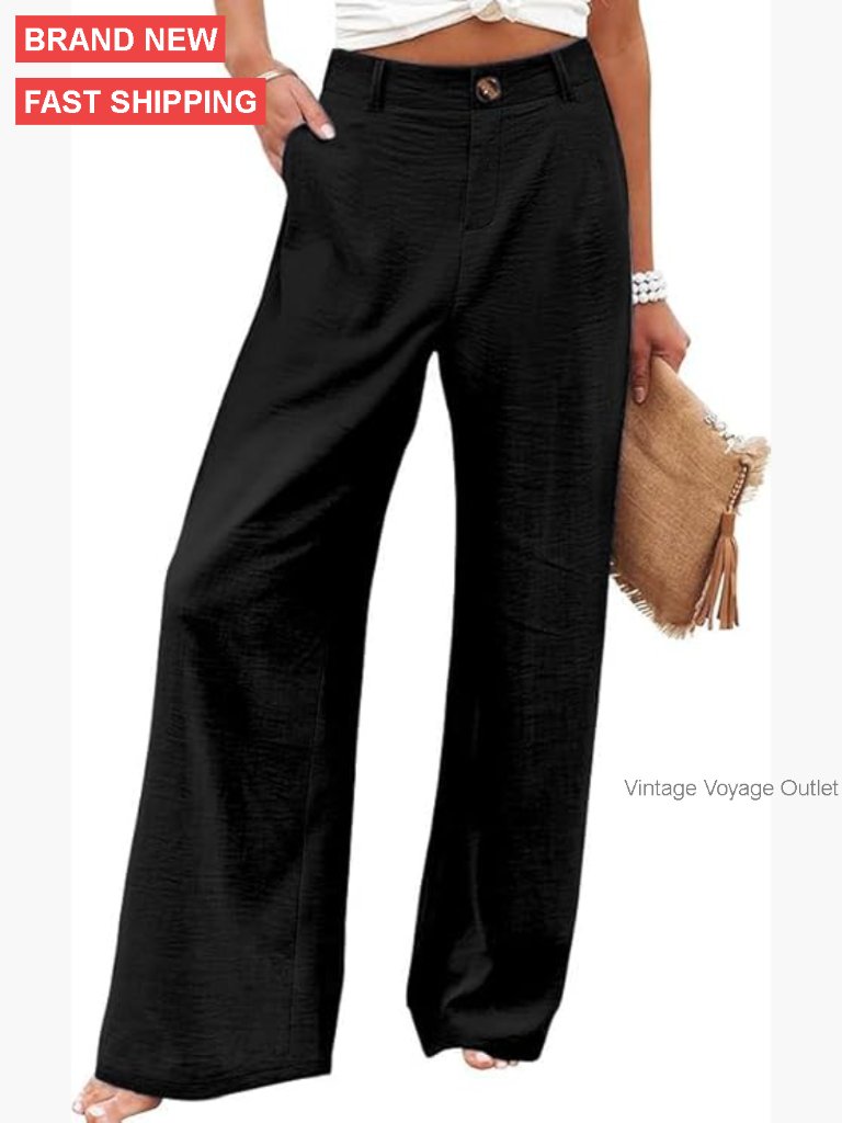 Wide Leg Palazzo Pants High Waisted Elastic Back Office Casual Trousers
